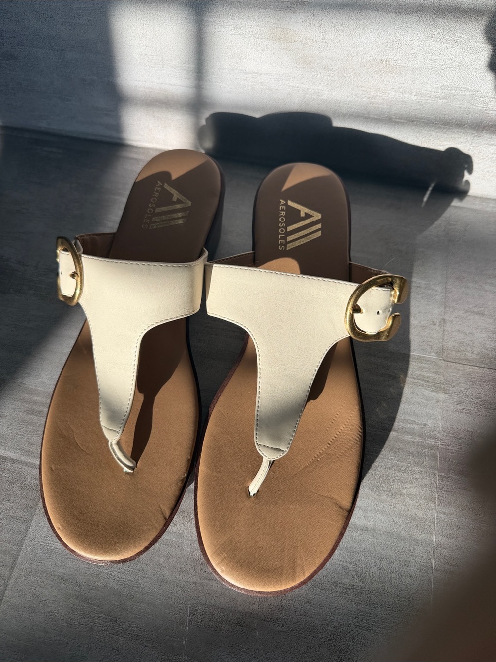 AEROSOLES Cream T-Strap Sandal with Gold Buckle